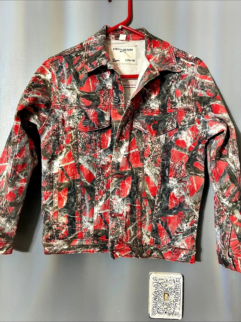 FWRD DENIM Abstract Denim Jacket Red Black Boys Large